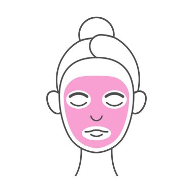 Pembe yüz maskesi takan bir kadının minimalist cilt bakımı. Bu vektör simgesi kişisel bakım, güzellik tedavileri ve cilt rutinlerini temsil eder.