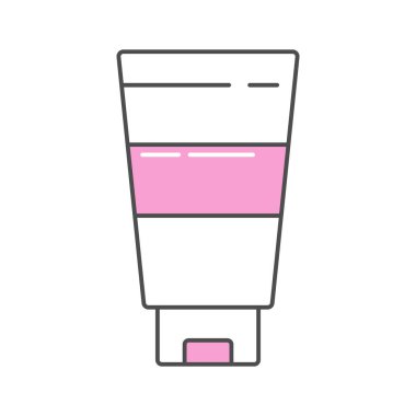 Pembe ve beyaz aksanlı bir tüp ambalajı içeren temiz ve modern bir cilt simgesi. Basit ve minimalist tasarım onu güzellik için ideal kılıyor.