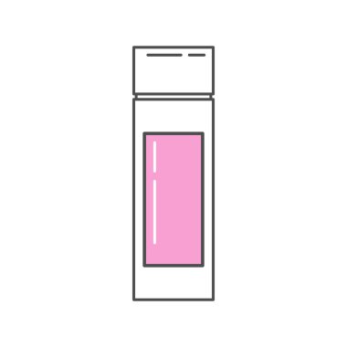 Pembe etiketli, gösterişli dikdörtgen tasarımlı minimalist bir şişe ikonu. Bu vektör çizimi, markalaşma ve paketleme için ideal güzellik ve kozmetik ürünleri temsil etmektedir.