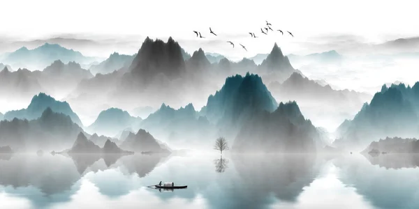 There are river boats in the mountains of clouds and mist