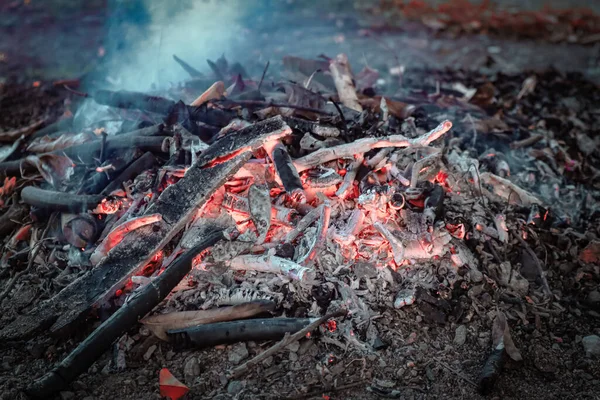 Large Pile Burning Branches Leaves Smoke — Stock Photo, Image