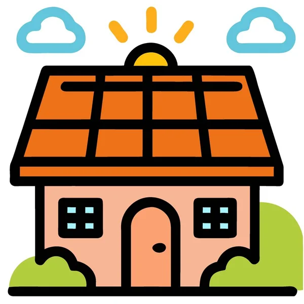 Eco house icon with solar panel and clouds. illustration.