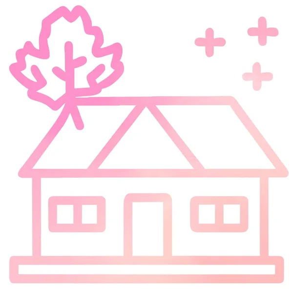 Ροζ Σπίτι Δέντρο Και Συν Σημάδι Επίπεδη Εικόνα Φθινόπωρο — Φωτογραφία Αρχείου