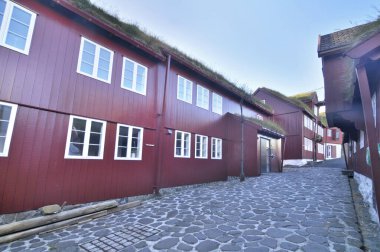 Faroe Adaları 'nın başkenti Torshavn' un eski Tinganes kasabası. 