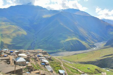 Remote village of Xinaliq located on a hill on the Road running through Greater Caucasus range located in the Quba District in Azerbaijan                                clipart