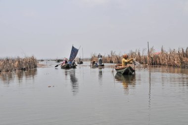  Cotonou, Benin yakınlarındaki Nokou Gölü 'nde tekne ve liman.