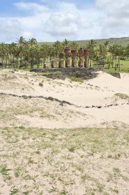  Anakena  coral sand beach in Rapa Nui National Park (Easter Island) wirh  Ahu-Ature single moai and Ahu Nao-Nao with seven moai seven                               clipart