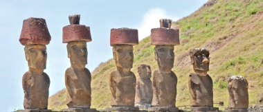 Anakena  coral sand beach in Rapa Nui National Park (Easter Island) wirh  Ahu-Ature single moai and Ahu Nao-Nao with seven moai seven