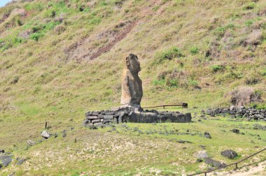 Rapa Nui Ulusal Parkı 'ndaki Anakena mercan kumsalı (Paskalya Adası) wirh Ahu-Ature tek moai ve Ahu Nao-Nao yedi moai ile