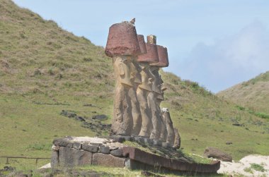 Anakena  coral sand beach in Rapa Nui National Park (Easter Island) wirh  Ahu-Ature single moai and Ahu Nao-Nao with seven moai seven