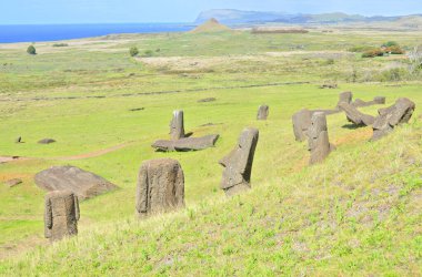 Moai heykelleri, Paskalya Adası 'ndaki Rano Raraku yanardağının yamaçlarına bırakıldı.