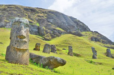 Moai heykelleri, Paskalya Adası 'ndaki Rano Raraku yanardağının yamaçlarına bırakıldı.