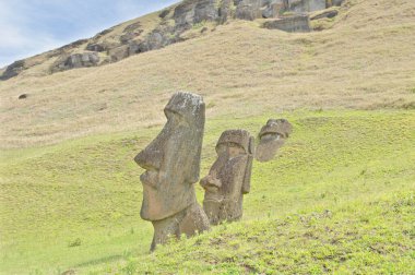 Moai heykelleri, Paskalya Adası 'ndaki Rano Raraku yanardağının yamaçlarına bırakıldı.