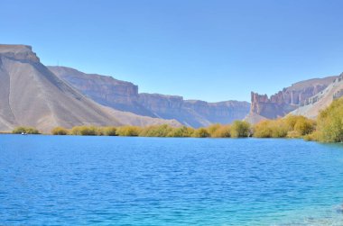 Natural travertine dam on Lake Band-e Haibat in Afghanistan's Band-e Amir National Park clipart