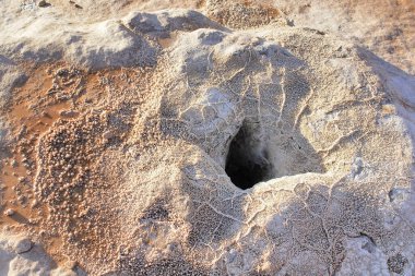 Kuzey Şili 'deki Atacama Çölü' ndeki Tatio gayzer tarlasının sıcak pınarlarına mineraller bırakıldı.
