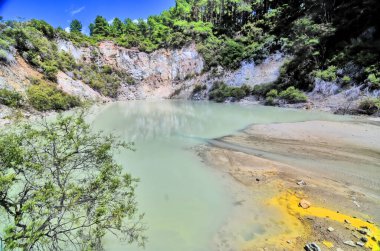 Waiotapu Aktif Jeotermal Bölgesi, Yeni Zelanda 'nın Taup Volkanik Bölgesi Rotorua' da, Rapor Kalderasının kuzeyinde.