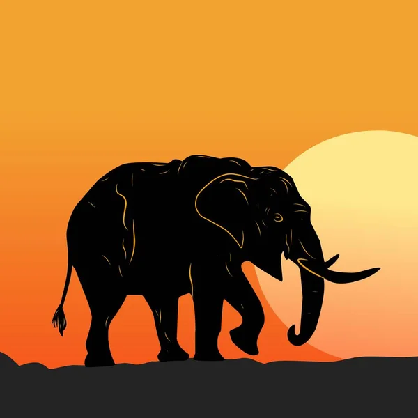 Ilustración Vectores Elefante Negro Con Fondo Puesta Sol — Vector de stock