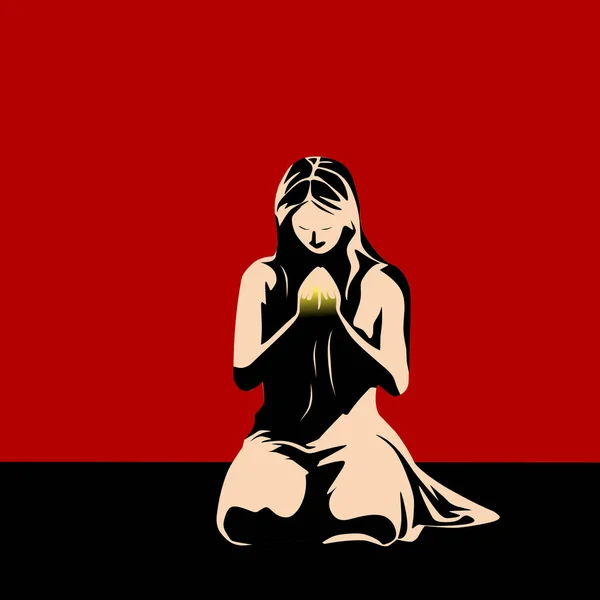 赤い背景に女性を祈るベクトルイラスト — ストックベクタ