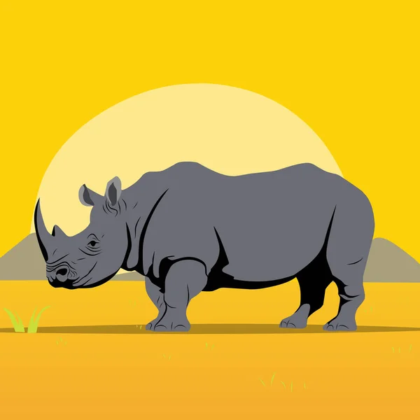 Ilustración Vectorial Animada Animal Rinoceronte Con Fondo Atardecer — Vector de stock