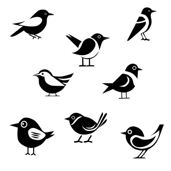 Συλλογή Οκτώ Ασπρόμαυρων Διανυσματικών Λογότυπων Πτηνών Λευκό Φόντο — Διανυσματικό Αρχείο