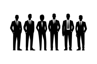 Takım elbiseli ve kravatlı dört kadın ve erkek silueti sıraya dizildi. Bir grup iş adamı silueti. Erkek ve kadın takım, beyaz arka planda