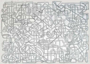 Labirent desenli renkli bir eskiz. Kalemlerle ve işaretlerle tasarlanmış. Dijital olarak işlenmiş, izole edilmiş. Labirent desenli arkaplan çizimi. Tasarım, reklam, fikir.