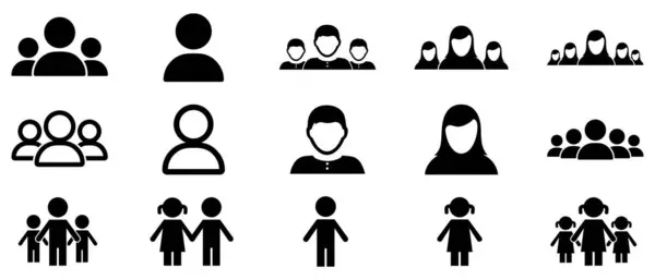 People Icon Set. Düz stil siyah üstüne beyaz. Vektör illüstrasyonu.