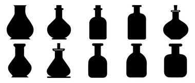 Laboratuvar Şişe Simgesi seti. Beyaz arkaplanda düz stil siyah.