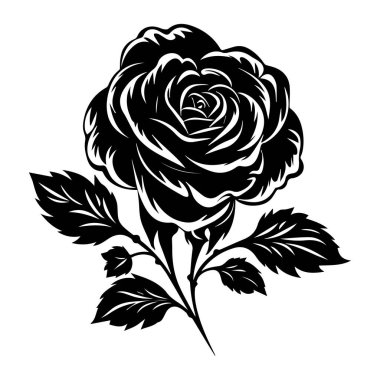 Beyaz arka planda siyah beyaz bir gül silueti. Vektör illüstrasyonu.