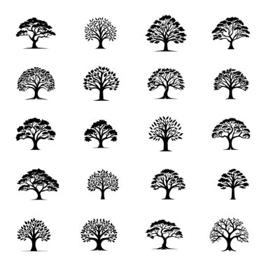 Ağaç seti silueti beyaz arkaplanda izole edilmiş. Tasarımınız için vektör illüstrasyonu.