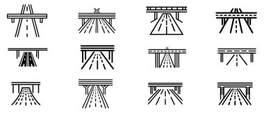 Otoyol ve köprü simgesi, beyaz arkaplan tasarımında siyah çizgi sanatı.
