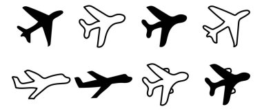 Beyaz arkaplanda çeşitli stillerde sekiz siluetli uçak simgesi.