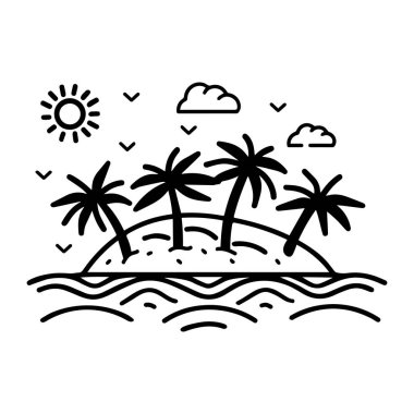 Palmiye ağaçları olan güneşli bir ada. Suyla çevrili bir sanat eseri..