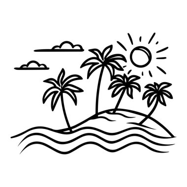 Palmiye ağaçları olan güneşli bir ada. Suyla çevrili bir sanat eseri..