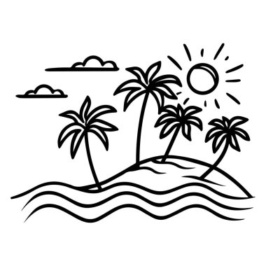 Palmiye ağaçları olan güneşli bir ada. Suyla çevrili bir sanat eseri..