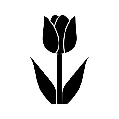 Lale siyah simge silueti, sapı ve yaprakları beyaz arkaplanda.