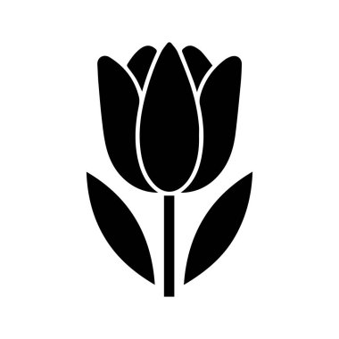 Lale siyah simge silueti, sapı ve yaprakları beyaz arkaplanda.