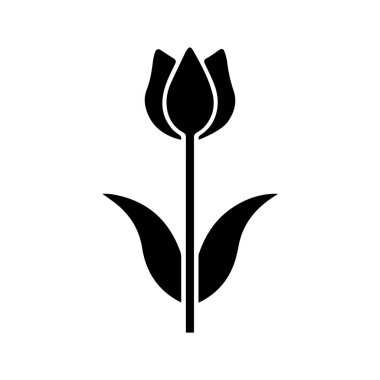 Lale siyah simge silueti, sapı ve yaprakları beyaz arkaplanda.