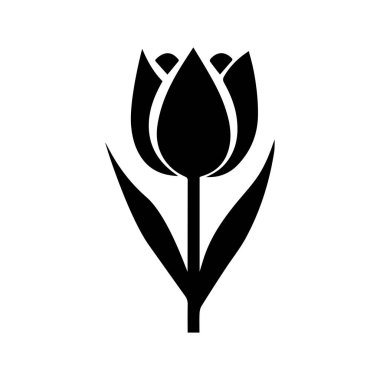 Lale siyah simge silueti, sapı ve yaprakları beyaz arkaplanda.