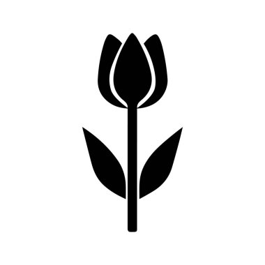 Lale siyah simge silueti, sapı ve yaprakları beyaz arkaplanda.