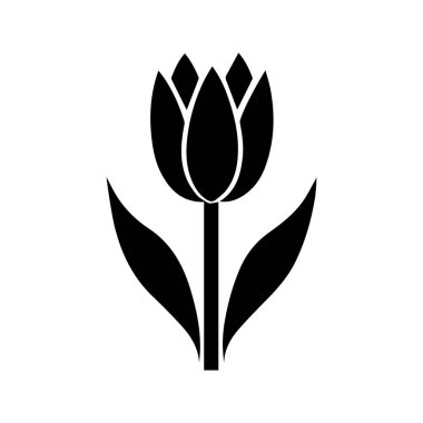 Lale siyah simge silueti, sapı ve yaprakları beyaz arkaplanda.