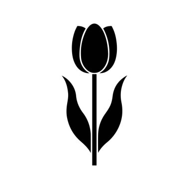 Lale siyah simge silueti, sapı ve yaprakları beyaz arkaplanda.