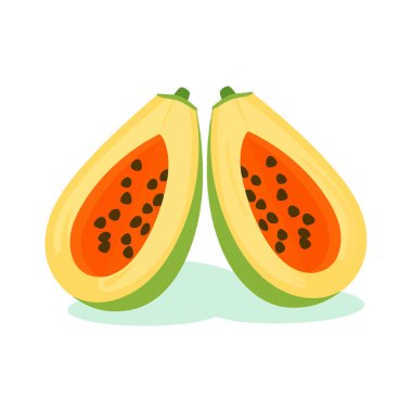 Papaya kesikleri, beyaz arkaplanda tohum ve et gösteriyor.