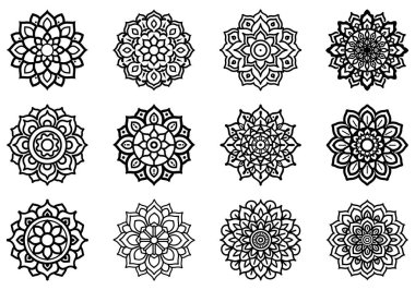 Mandala tasarım siyah çizgi simgesi Çiçek desenleri ve dairesel şekiller vektör çizimi.