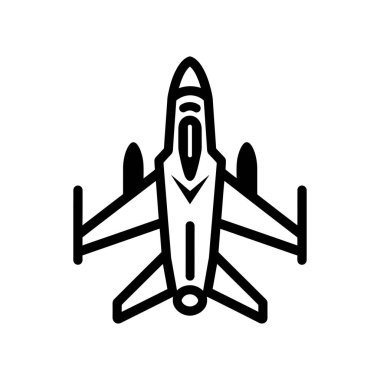 Fighter Jet Siyah Simge beyaz arkaplan tasarımı çizimi.