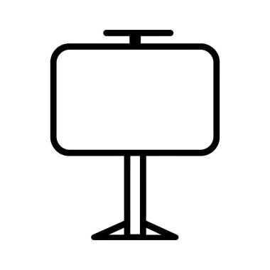 Saydam bir arkaplana karşı temiz, koyu siyah bir ana hatla yuvarlak bir dikdörtgen çerçevede yapılmış, minimalist bir reklam panosu simgesi tasarımı.