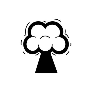 Şeffaf bir arkaplanda siyah, katı bir patlama ikonu, detaylı çizgi sanatı ve temiz, minimalist silüeti ile bir atom veya nükleer bulut patlaması tasvir eder.