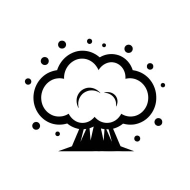 Şeffaf bir arkaplanda siyah, katı bir patlama ikonu, detaylı çizgi sanatı ve temiz, minimalist silüeti ile bir atom veya nükleer bulut patlaması tasvir eder.