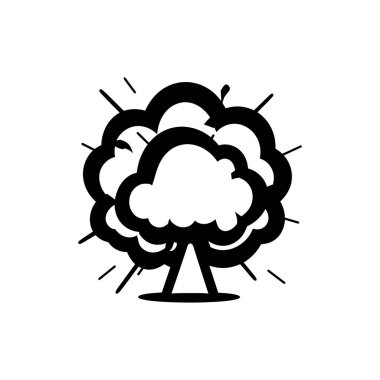 Şeffaf bir arkaplanda siyah, katı bir patlama ikonu, detaylı çizgi sanatı ve temiz, minimalist silüeti ile bir atom veya nükleer bulut patlaması tasvir eder.