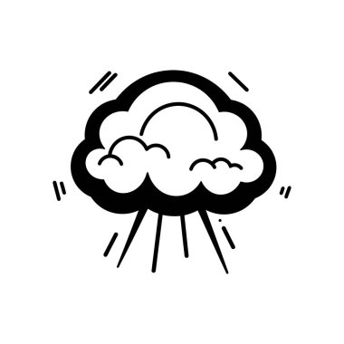 Şeffaf bir arkaplanda siyah, katı bir patlama ikonu, detaylı çizgi sanatı ve temiz, minimalist silüeti ile bir atom veya nükleer bulut patlaması tasvir eder.